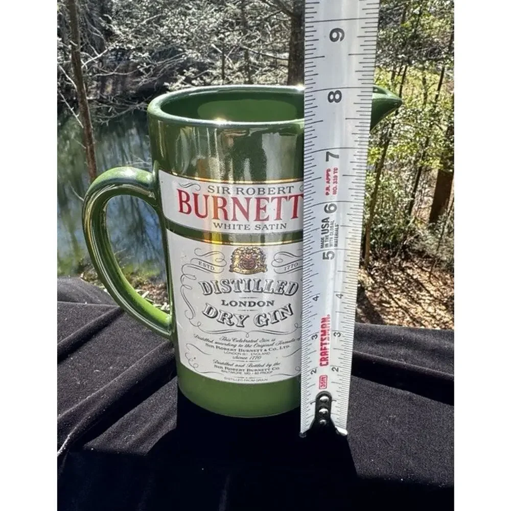 Vtg Sir Burnett's White Satin London Gin Green Ceramic Bar Water Pitcher -A1 2